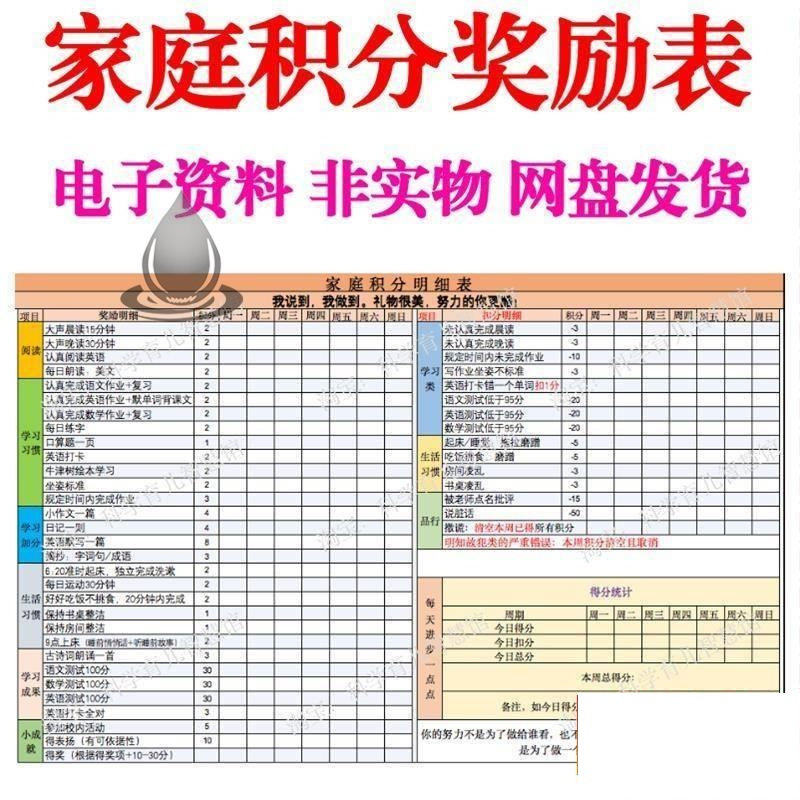 B267家庭积分奖励儿童惩罚积分表小学生儿童自律表可打印电子模板-淘宝虚拟中转仓